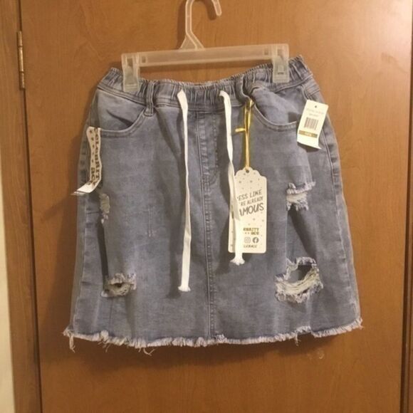 Dresses & Skirts - Light Wash Denim Jean Unfinished Raw Hem Drawstring Destroyed Mini Skirt